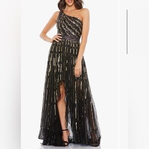 Mac Duggal Black and Gold Strappy Gown